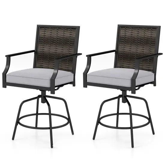 Outdoor PE Wicker Swivel Bar Stools Set of 2 Counter Height Patio Chairs with Back-Grey {1}