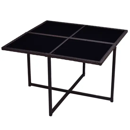 9-Piece Brown PE Rattan Dining Set with Cushions & Tempered Glass Table {1}