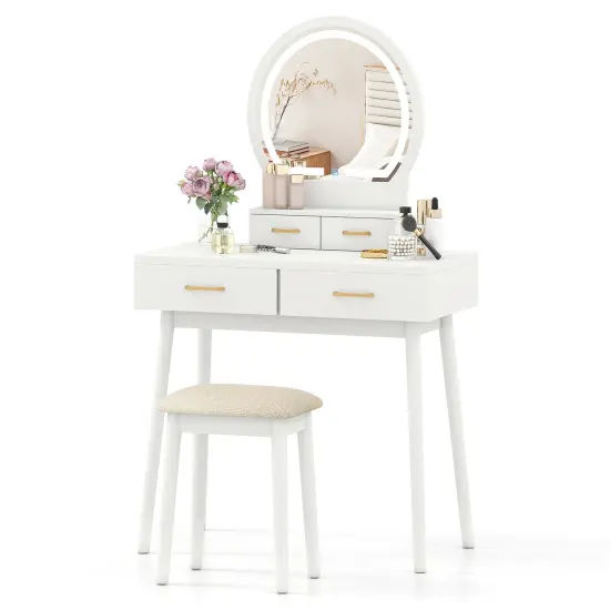 Wood MDF Vanity Table with LED Mirror, Storage Drawers and Stool White {4}