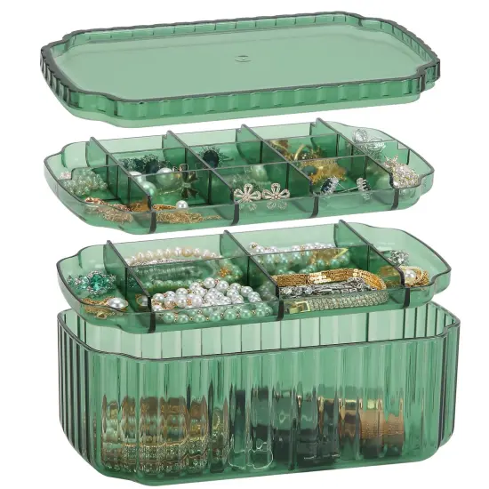 3 Layer Jewelry Organizer Box for Earrings, Rings, Necklaces, Bracelets, Clear Plastic Bead Storage Containers for Crafts (Green) {1}