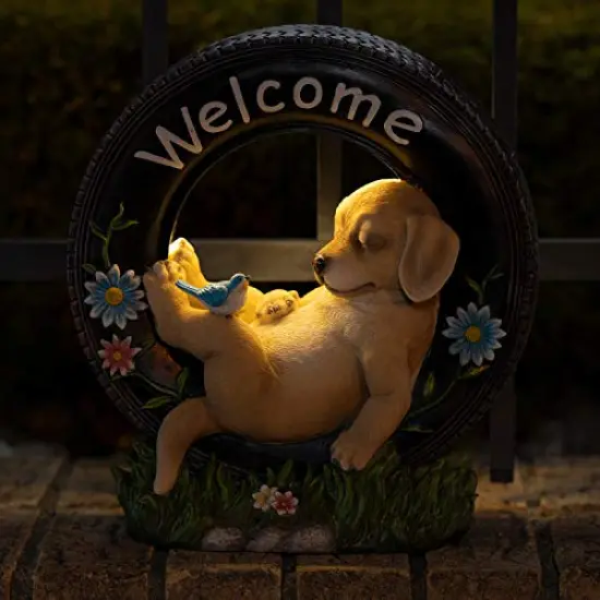 Welcome Puppy Dog Solar Powered LED Outdoor Decor Garden Light Outdoor Decor Garden Light Welcome Chillax Puppy Statues Outdoor Funny Figurine Decor for Outside Patio, Yard, Lawn {2}
