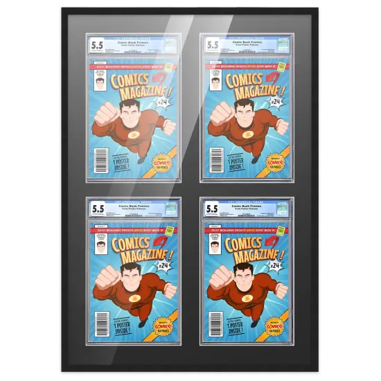 Comic Book Frame with Mat for 4 Graded Comics - Black Wood Comic Frame With Black Mat for 8.125x13 Comics - 20.75x30.5 Frame Size {1}