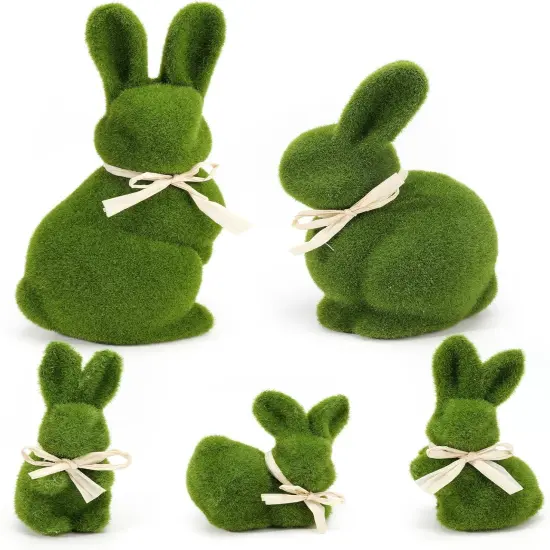 10" & 5" Moss Easter Bunny Decor – Set of 5 Faux Green Rabbits {1}