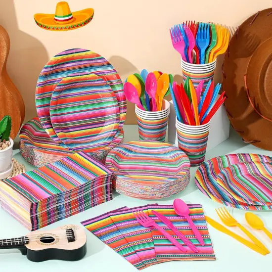 400 Pcs Mexican Party Supplies Mexico Stripes Disposable Paper Plates Napkins and Cups Mexican Tableware Decorations for Cinco De Mayo Dance Pinata Taco, Birthday Party {4}