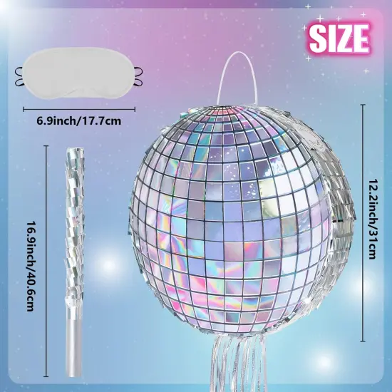 Disco Ball Pi&ntilde;ata - Disco Party Decoration for Adult Birthday Party Supplies Hanging Disco Pi&ntilde;ata with Bat Blindfold Mirror Roller Skating Pull String, 12.2&rdquo; x 12.2&rdquo; {3}