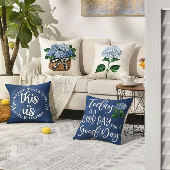 Blue Hydrangea Spring Summer Throw Pillow Covers, 18 x 18 Inch Today is A Good Day Dark Blue Cushion Case Decoration for Sofa Couch Set of 4 {2}