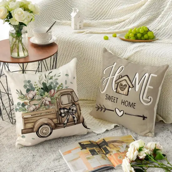 Bless Our Home Farmhouse Eucalyptus Leaves Throw Pillow Covers, 18 x 18 Inch Truck Home Sweet Home Cushion Case Decorations Set of 4 {2}
