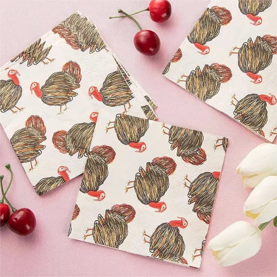 100 Pack Turkey Thanksgiving Cocktail Napkins for Party Supplies (5 x 5 In) White {5}