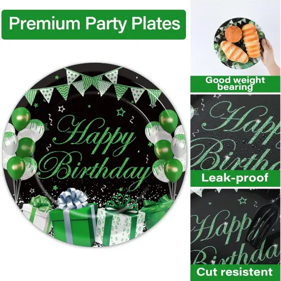 200PCS Green and Black Silver Party Tableware Set Confetti Sprinkles Green Birthday Plates Napkins Forks Table Decors for Men Women, 50 Guests {3}