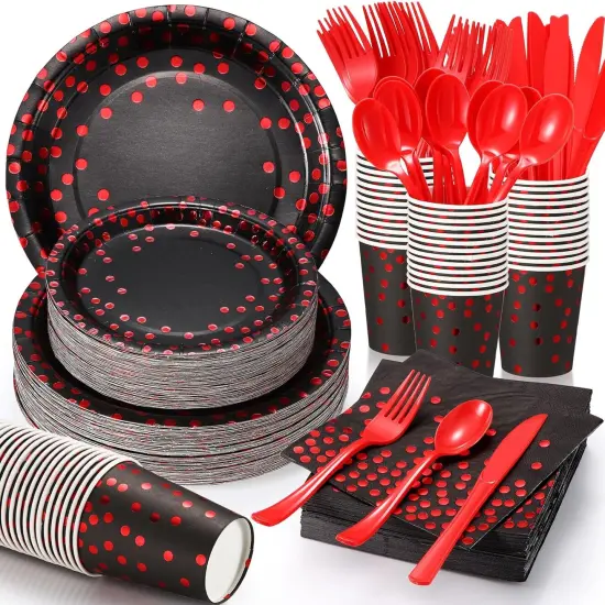 560 Pcs Black and Red Party Supplies for 80 Guests - Disposable Dinnerware Set with Black and Red Paper Plates, Napkins, Cups, Plastic Forks, Knives and Spoons {1}