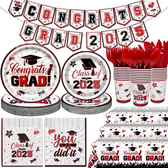 Red and Black Graduation Decorations 2025 Graduation Plates and Napkins 2025 Congrats Grad Banner 2025 Party Supplies Grad Party Decorations 2025 {1}