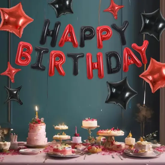 35PCS Black and Red Happy Birthday Decorations 16 Inch Happy Birthday Balloon Banner with Star Balloons Mylar Foil Birthday Party Decorations Supplies for Men Women Adults Girls Boys Kids {5}
