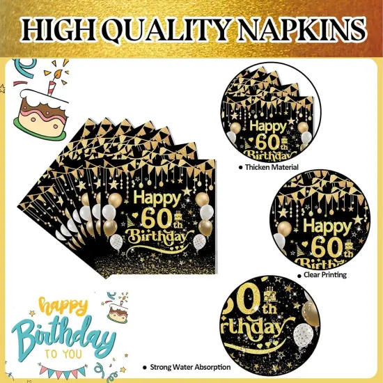 96Pcs 60th Happy Birthday Tableware Set Black Gold Disposable Paper Plates and Napkins with Forks Back in 1965 Birthday Party Decorations Supplies for Men Women, Serve 24 {3}