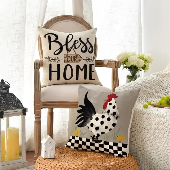 Farmhouse Chicken Home Sweet Home Throw Pillow Covers, 18 x 18 Inch Bless Our Home Seasonal Cushion Case Decoration for Sofa Couch Set of 4 {3}
