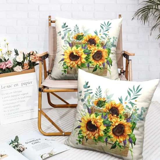 Sunflower Pillow Covers Spring Summer Floral Throw Pillow Covers Set of 2 Sunflowers with Eucalyptus Leaves Farmhouse Pillow Case 18x18 for Sofa Car Patio, Cotton Linen {4}