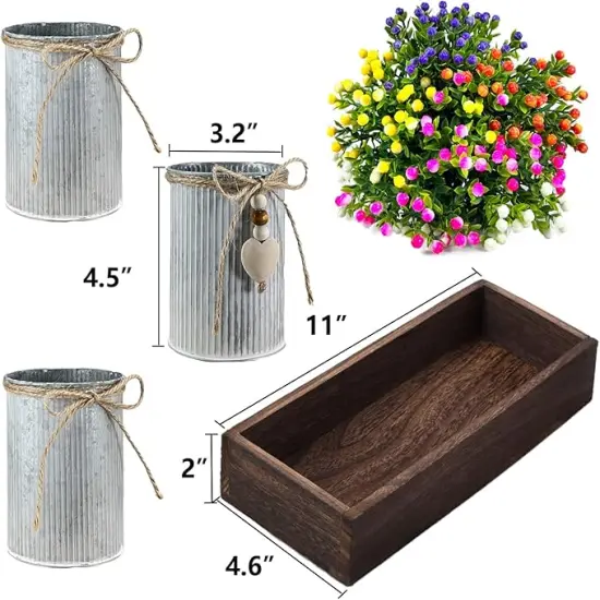 Decorative Centerpiece Wooden Tray with 3 Metal Potted Artificial Milan Flowers Rustic Country Farmhouse D&eacute;cor for Dining Room, Living Room and Kitchen Table {4}