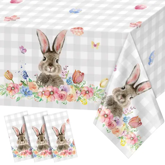 3Pcs Spring Easter Bunny Buffalo Plaid Checkered Tablecloth Decorations,Plastic Rabbit Egg Floral Pastel Dinner Table cover for Indoor Outdoor Birthday Easter Baby Shower Party Supplies,54x108 Inch {1}