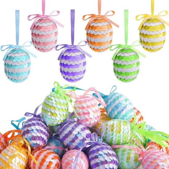 30 Pcs Easter Hanging Sequin Eggs- 1.6" Stripes Easter Eggs Ornaments with Bow- Glitter Easter Decorations Eggs Tree Ornaments for Party Birthday Home Garden Decoration {1}