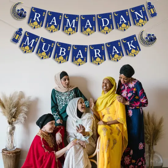 Ramadan Mubarak Banner Muslim Ramadan Mubarak Bunting Banner Garland with Lantern Moon Castle Sign Eid Mubarak Festival Celebration Party Decorations for Mantle Fireplace Wall Party Supplies {3}