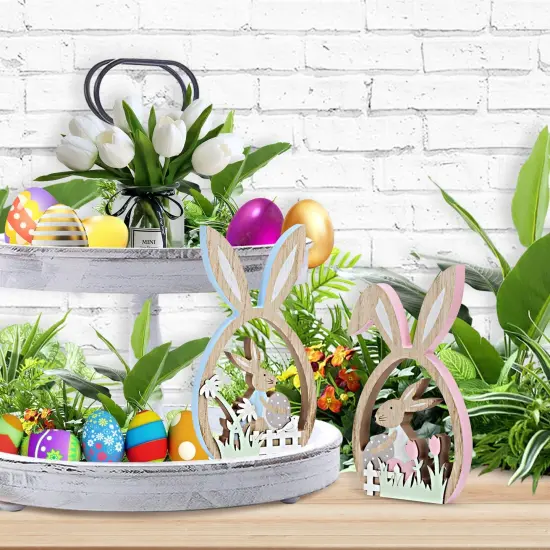 2Pcs Easter Decorations for the Home Farmhouse Rustic Wooden Bunny with Egg Easter Tiered Tray Decor Happy Spring Decoration for Indoor Home Party Easter Tabletop Decoration Easter Gifts for Kids {3}