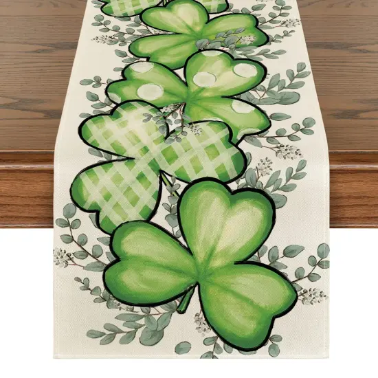 Artoid Mode Clover Shamrocks Eucalyptus Buffalo Plaid St.Patrick's Day Table Runner, Seasonal Kitchen Dining Table Runner for Home Party Decor 13x72 Inch {1}