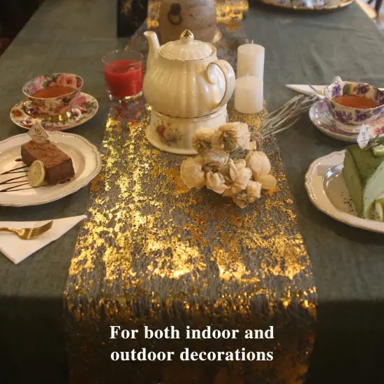 Ohanniewa Gold Table Runner 11 inch x 32 Feet Glitter Metallic Gold Foil Mesh Table Runner Roll Table Decorations for Wedding, Birthday, Banquet, Christmas {2}