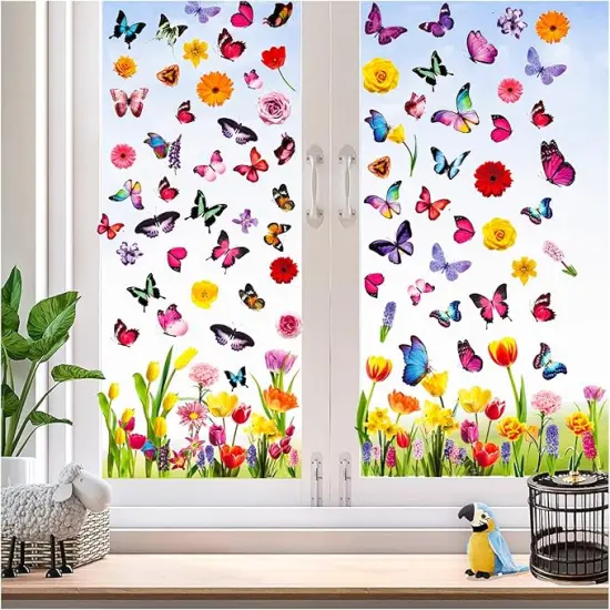 Spring Window Clings Stickers - Enchant Your Glass Windows with 127 Pieces on 9 Sheets - Tulip, Butterfly, and Flower Designs for a Colorful Home D&eacute;cor {3}