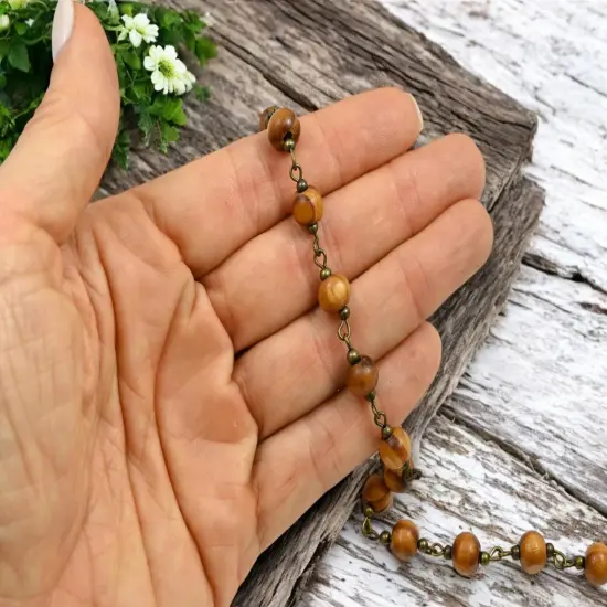 Beaded Chain - 7mm Sandalwood Round Bead w/ Antique Bronze Links (3.25 ft) {4}