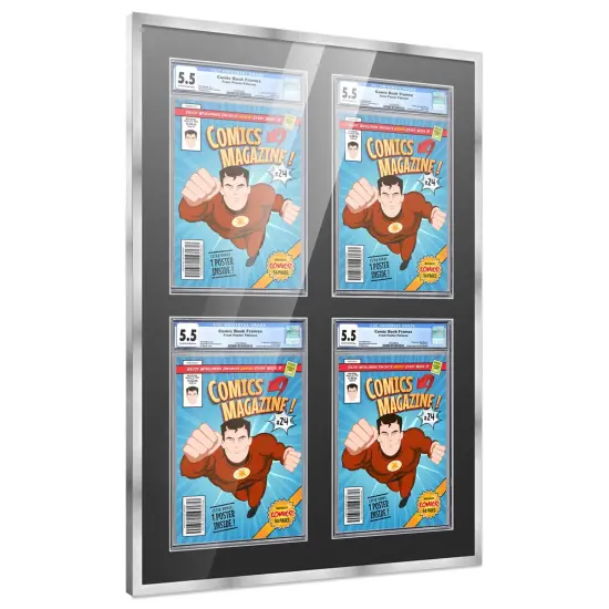 Comic Book Frame with Mat for 4 Graded Comics - Silver Wood Comic Frame With Black Mat for 8.125x13 Comics - 20.75x30.5 Frame Size {7}