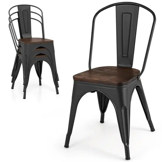 Metal Style Dining Chairs Set of 4, Stackable Kitchen Chairs with Wood Seat Black {4}