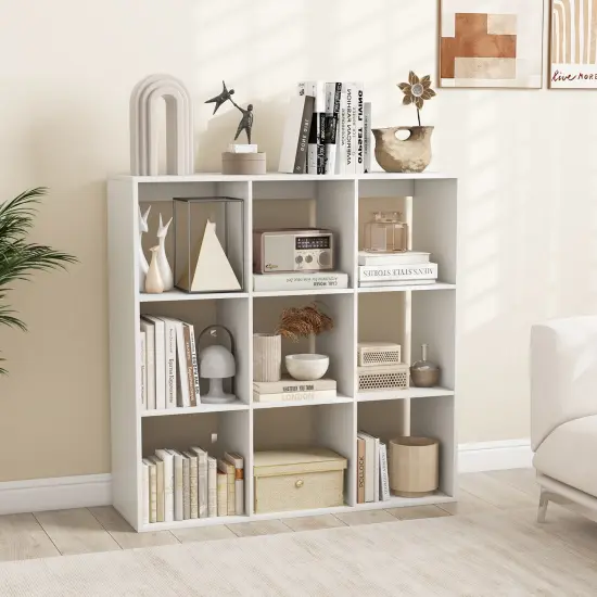 White 9 Storage Cube Bookshelf with Back Guardrail for Living Room or Bedroom {3}