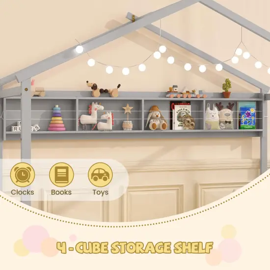 Twin Floor Bed with House Frame, Storage Shelf, Guardrails, Montessori Design, and Solid Wood Construction Grey {5}