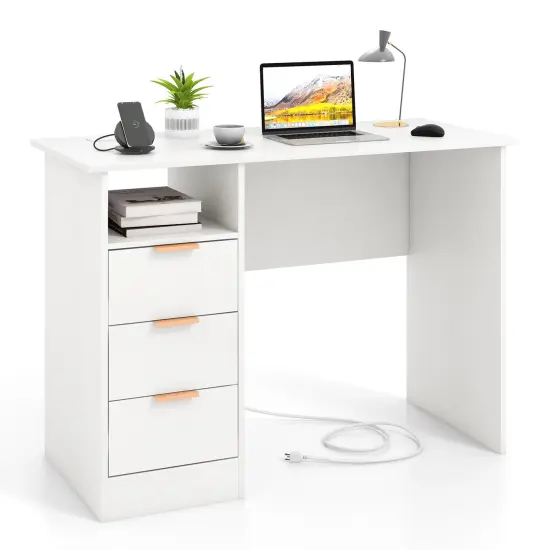 White Home Office Desk with Power Outlet 3 Storage Drawers and Open Compartment {4}