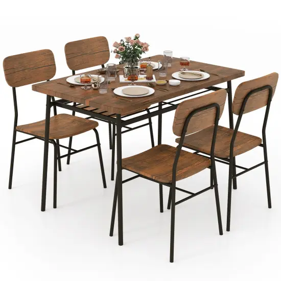 5-Piece Table Set for 4 with Metal Frame and Storage Rack-Brown {1}