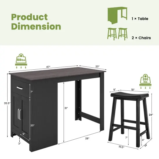 3-Piece Bar Table Set for 2 with 2 Saddle Stools for Dining Room-Black {3}