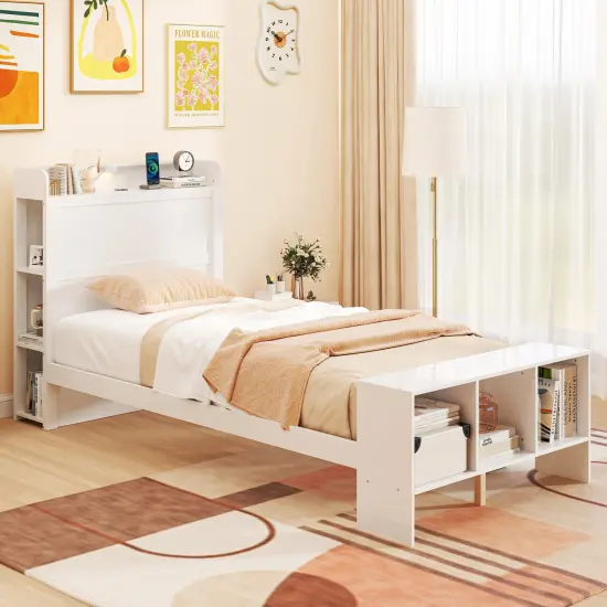 Twin Size Bed Frame with 2 USB Ports with Storage Headboard and Lights-Twin Size {5}