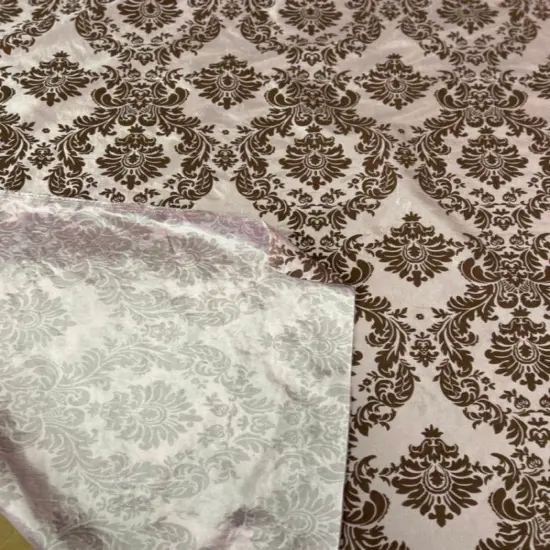 1 Yard Ornate Damask Flocking Taffeta Fabric for Distinctive Decor 58" Width Pink/Brown&hellip; {1}