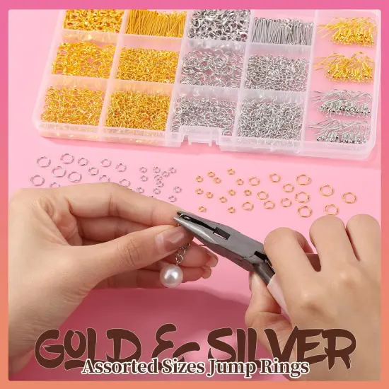 1200PCS Jewelry Making Supplies, Jump Rings for Jewelry Making, Earring Hooks Earring Findings for Jewelry Making, Silver Gold Jump Rings, Lobster Claw Clasps Necklace Extender Chain {4}