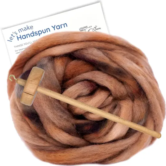 LEARN TO SPIN - Beginner's Spinning Kit with Hand Dyed BFL Roving, Drop Spindle & Printed Instructions w/ Video. Many Colors. Light Brown {1}