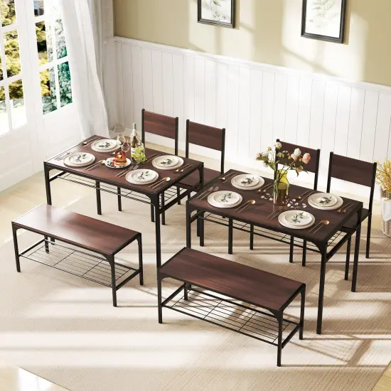 Wood Industrial Rectangular Dining Table with Bench and Metal Chairs Walnut {6}