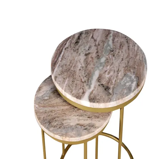 Brown Marble Nesting Coffee TableWith Golden Metal Frame {4}