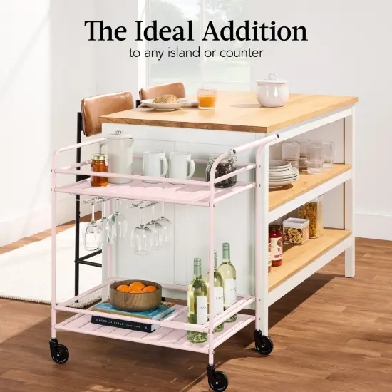 Best Choice Products 2-Tier Rolling Bar Cart Indoor/Outdoor w/ Storage Shelves, Wine Rack, Lockable Wheels Pink {6}