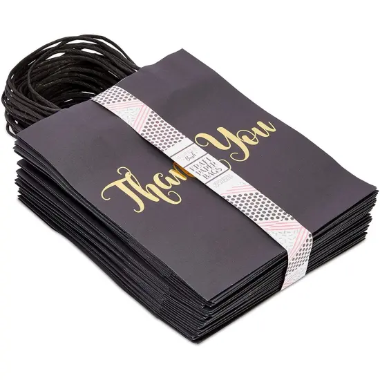 24 Pack Medium Black Thank You Party Favor Paper Goodie Gift Bags with Handles, Gold Foil {5}