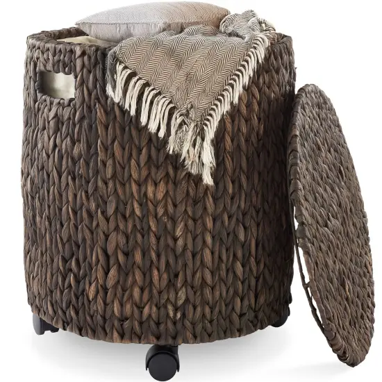 Casafield Round Rolling Storage Basket with Lid, Handwoven Water Hyacinth Rolling Hamper Storage Bin on Wheels for Living Room, Bedroom, Bathroom, Laundry {3}