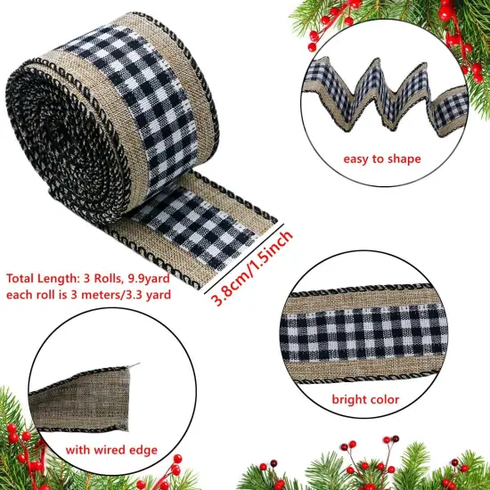 3 Rolls Christmas Buffalo Plaid Ribbon Wired Edge 9.9 Yard Plaid Burlap Ribbon Christmas Checked Burlap Ribbon for Christmas Tree Wrapping Crafts Decoration 1.5 inch Width(Black and White) {6}