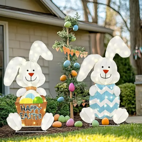 2 Pcs Rabbit Outdoor Easter Decorations, Lighted Bunny with 120 Lights, 2D Easter Rabbit Lights Easter Decor for Indoor Outdoor Festive Holiday Fireplace Garden Yard Lawn Patio {4}