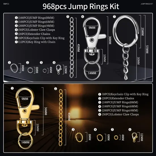 Jump Rings, 968pcs Jewelry Making Supplies, Jump Rings for Jewelry Making, Gold Silver Jump Rings for Charm, Lobster Claw Clasps for Necklace Bracelet Jewelry, Key Chain Rings for Keychain {5}