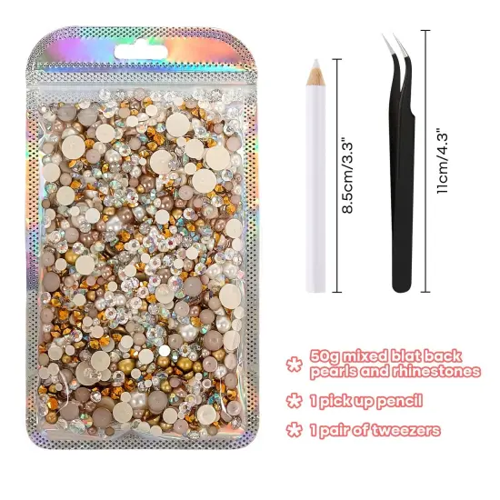 50g Mix Flatback Rhinestones Half Pearls for Craft Mixed Size 3mm-10mm Flat Back Rhinestones for Crafts Flatback Pearls for DIY Tumblers Mugs Nail Art Shoes Clothes (Champagne Gold Series) {5}