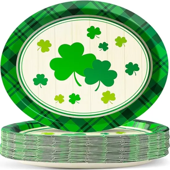 50 Pcs St. Patrick&rsquo;s Day Party Oval Paper Plates 11inch Large Green Shamrocks Platters, Wood Grain Dish Tray for Irish Party Supplies St. Patrick&rsquo;s Day Party Decor Dinner Party Tableware {1}