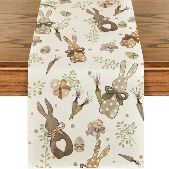 Bunny Rabbit Eucalyptus Eggs Carrots Easter Table Runner, Seasonal Spring Kitchen Dining Table {1}